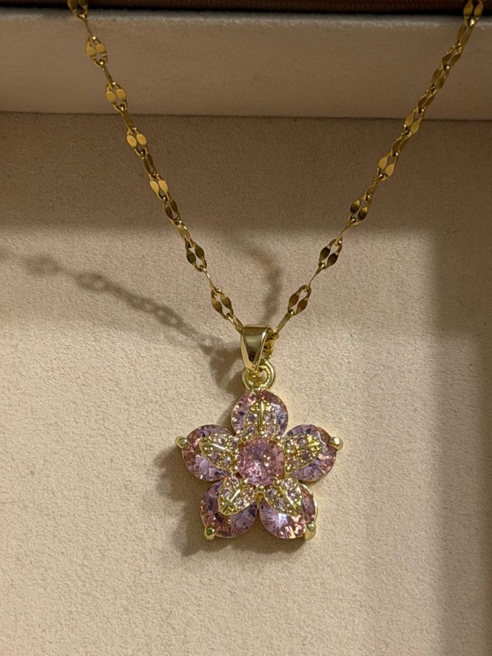 Golden Rose Pink Flower Zirconia Pendant Stainless Steel Stamped Necklace Chain